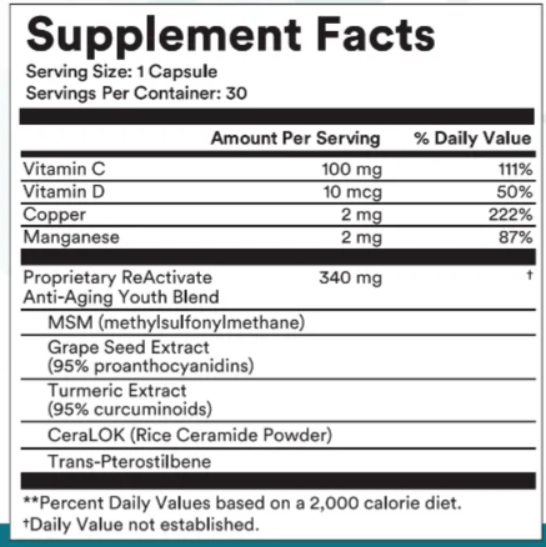 ReActivate Skincare Supplement Facts